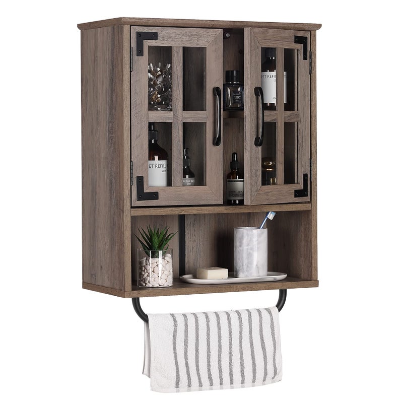 RUSTOWN RUSTOWN Rustic Wood Wall Storage Cabinet with Cross Glass Doors Farmhouse Style Washed Oak 199 W x 263 H x 827 D Bathroom Living Room Kitchen Home Office 
