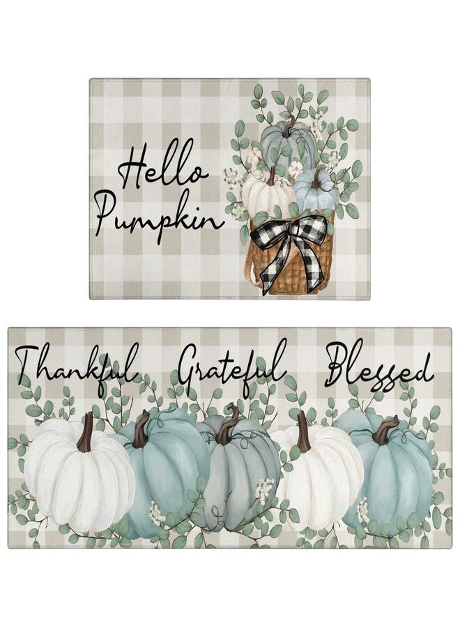 Xsinufn Fall Thanksgiving Pumpkin Kitchen Rugs Set of 2,Eucalyptus Buffalo Plaid Floor Mats and Rugs Non Skid Washable for Kitchen Home Decor,Farmhouse Decorations and Accessories (17"x47"+17"x30") - Image 1