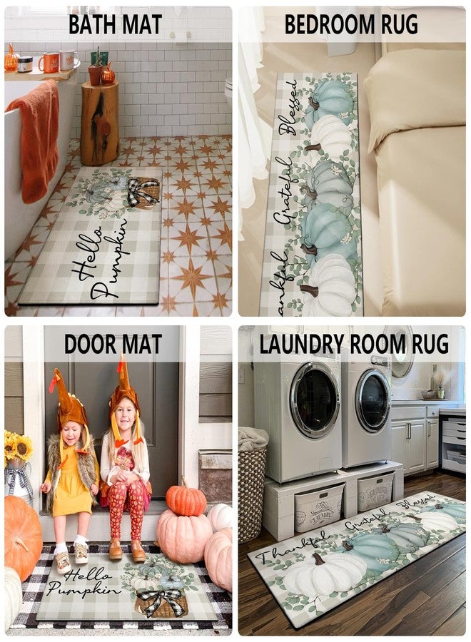 Xsinufn Fall Thanksgiving Pumpkin Kitchen Rugs Set of 2,Eucalyptus Buffalo Plaid Floor Mats and Rugs Non Skid Washable for Kitchen Home Decor,Farmhouse Decorations and Accessories (17"x47"+17"x30") - Image 5