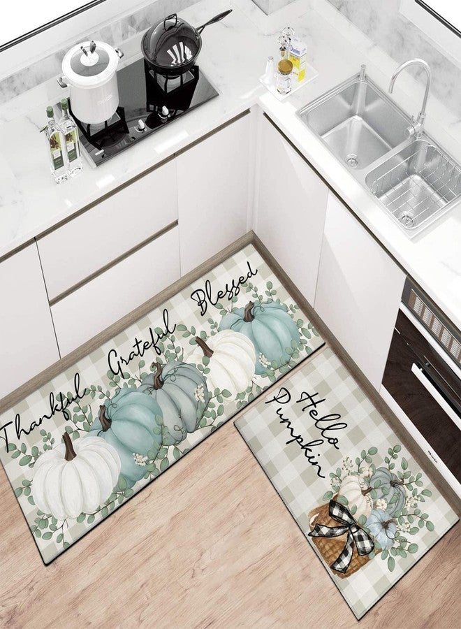 Xsinufn Fall Thanksgiving Pumpkin Kitchen Rugs Set of 2,Eucalyptus Buffalo Plaid Floor Mats and Rugs Non Skid Washable for Kitchen Home Decor,Farmhouse Decorations and Accessories (17"x47"+17"x30") - Image 2