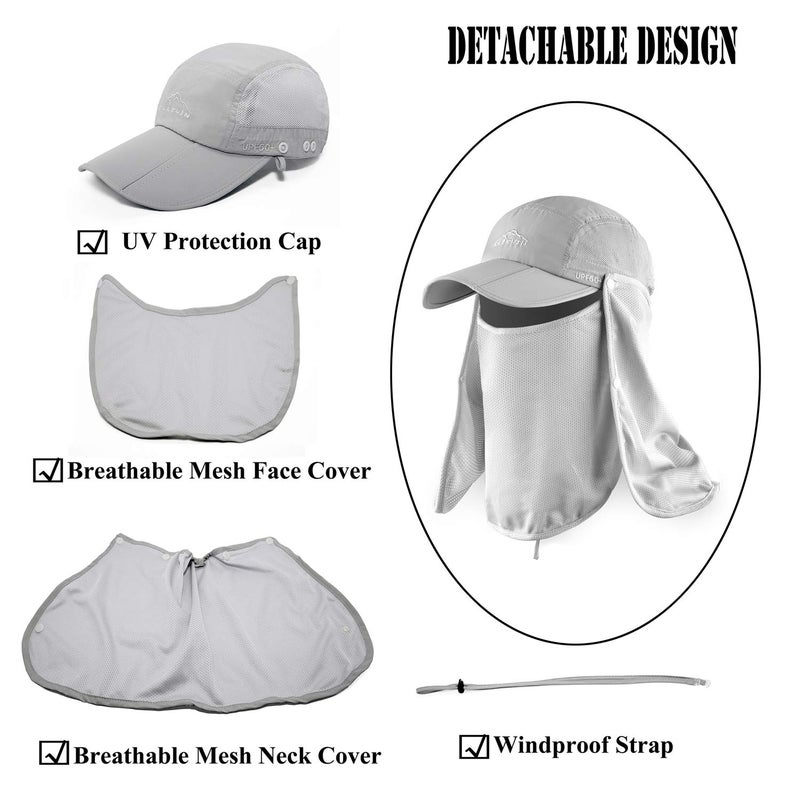 ELLEWIN Outdoor Sun Hat for Men Women UPF 50+ Fishing UV Hat with Neck Flap Face Cover for Sun Protection Light Grey - Image 3