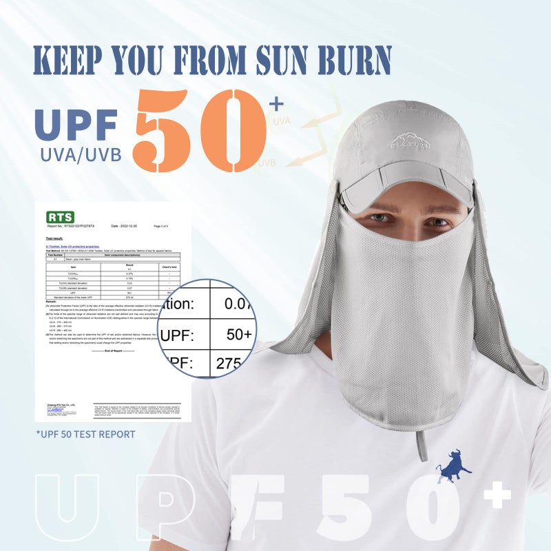 ELLEWIN Outdoor Sun Hat for Men Women UPF 50+ Fishing UV Hat with Neck Flap Face Cover for Sun Protection Light Grey - Image 2