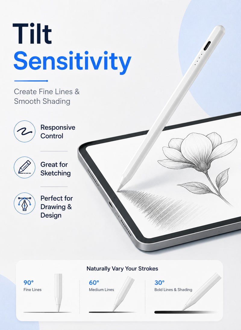 أم أم جاي قلم ستايلس ذكي للآيباد متوافق مع iPad 2018–2026، قلم لمس نشط مع رفض راحة اليد وحساسية الإمالة وشحن USB-C سريع وتثبيت مغناطيسي، قلم كتابة ورسم دقيق للآيباد برو وآيباد إير وآيباد ميني والجيل 10/9/8/7/6، أبيض - Image 4