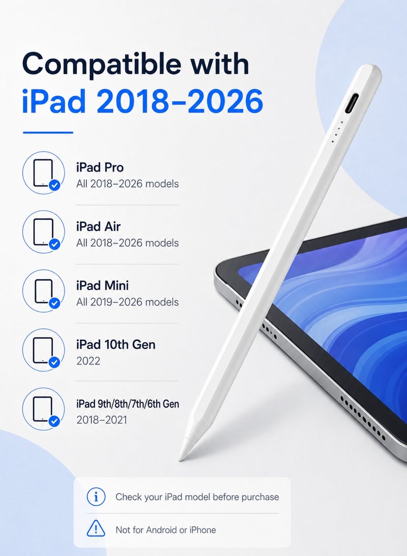 أم أم جاي قلم ستايلس ذكي للآيباد متوافق مع iPad 2018–2026، قلم لمس نشط مع رفض راحة اليد وحساسية الإمالة وشحن USB-C سريع وتثبيت مغناطيسي، قلم كتابة ورسم دقيق للآيباد برو وآيباد إير وآيباد ميني والجيل 10/9/8/7/6، أبيض - Image 2