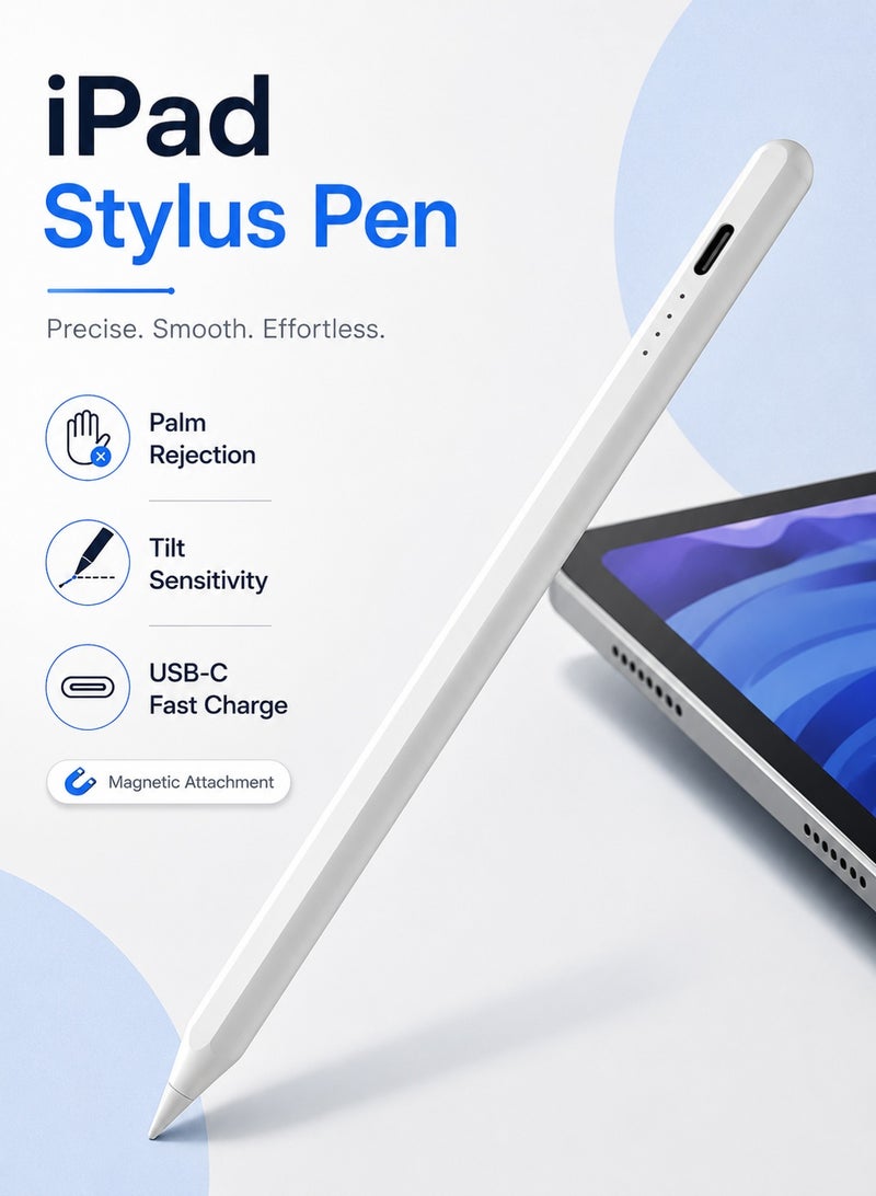 أم أم جاي قلم ستايلس ذكي للآيباد متوافق مع iPad 2018–2026، قلم لمس نشط مع رفض راحة اليد وحساسية الإمالة وشحن USB-C سريع وتثبيت مغناطيسي، قلم كتابة ورسم دقيق للآيباد برو وآيباد إير وآيباد ميني والجيل 10/9/8/7/6، أبيض - Image 1