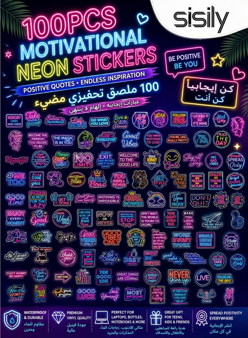 100pcs Positive Affirmation Quote Neon Sticker Pack, Motivational Inspirational Stickers for Water Bottles Laptop Scrapbook Journal, Teacher Classroom Prizes Reward, Waterproof Vinyl - Image 1