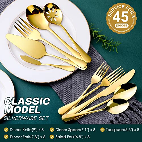 OGORI Gold Silverware Set for 8, OGORI 45-Piece Stainless Steel Flatware Set with Serving Set, Mirror Polished Cutlery Set with Serving Utensils Spoon for Kitchen Party Supply - Image 2