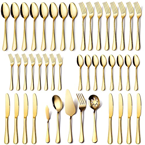 OGORI Gold Silverware Set for 8, OGORI 45-Piece Stainless Steel Flatware Set with Serving Set, Mirror Polished Cutlery Set with Serving Utensils Spoon for Kitchen Party Supply - Image 1
