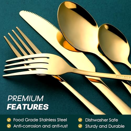 OGORI Gold Silverware Set for 8, OGORI 45-Piece Stainless Steel Flatware Set with Serving Set, Mirror Polished Cutlery Set with Serving Utensils Spoon for Kitchen Party Supply - Image 3