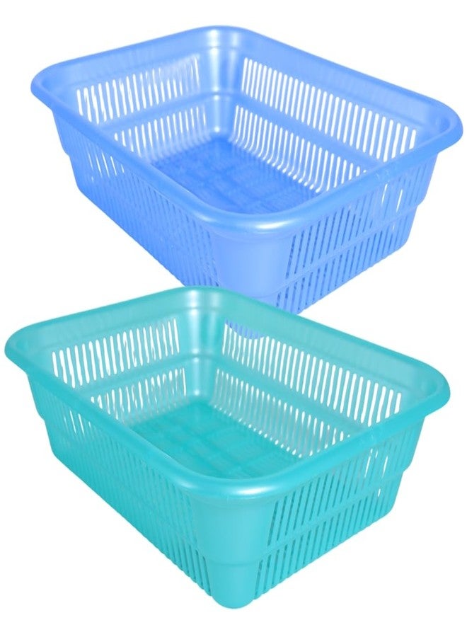 Simply Home Fruity-2 Multi-Purpose Plastic Storage Basket|Durable Stackable Organizer Tokri For Home,Kitchen,Bathroom & Office|Ideal For Toys,Clothes,Cosmetics,Stationery|Set Of 2|Blue Green - Image 1