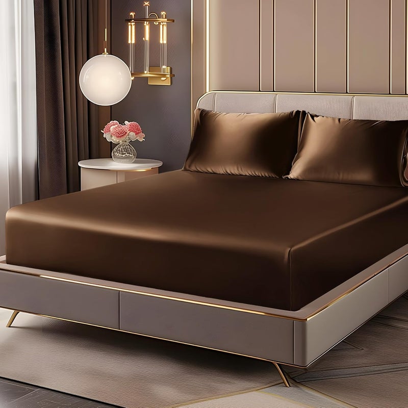 BEDELITE Satin Fitted Sheet and Pillowcase Set, Luxury Soft Similar to Silk Bottom Bedsheet with Elastic Corner Straps, Deep Pocket up to 15 Inch, 1 Fitted Sheet and 1 Pillowcase(Twin XL, Brown) - Image 1