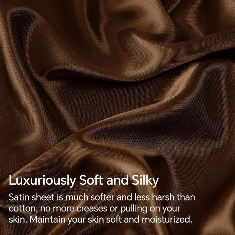 BEDELITE Satin Fitted Sheet and Pillowcase Set, Luxury Soft Similar to Silk Bottom Bedsheet with Elastic Corner Straps, Deep Pocket up to 15 Inch, 1 Fitted Sheet and 1 Pillowcase(Twin XL, Brown) - Image 3
