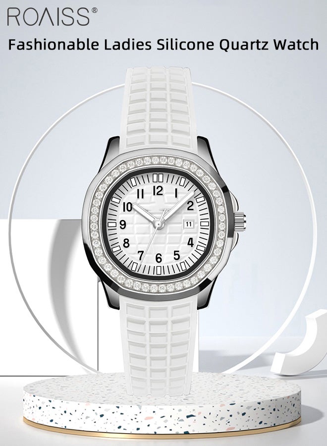 رويس ساعة كوارتز نسائية بحزام سيليكون بقرص دائري مع إطار مزين بأحجار الراين، ساعة يد بسيطة مقاومة للماء كهدية للسيدات - Image 3