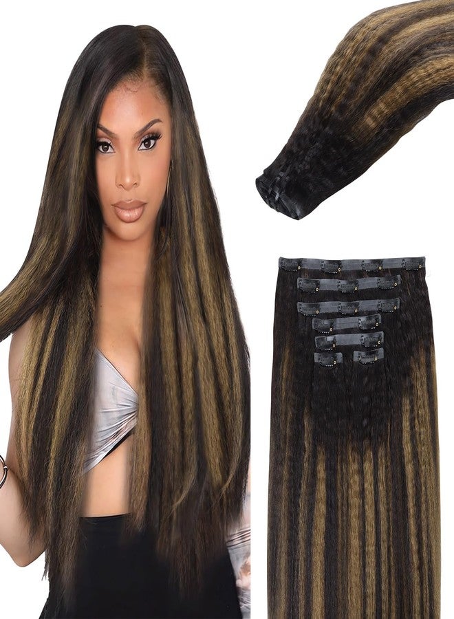 Lashey Seamless Clip in Hair Extensions Human Hair 110g 7pcs Kinky Straight Natural Black Mixed Chestnut Brown Clip in Hair Extensions for Black Women 14 Inch 100% Remy Human Hair Extensions - Image 1