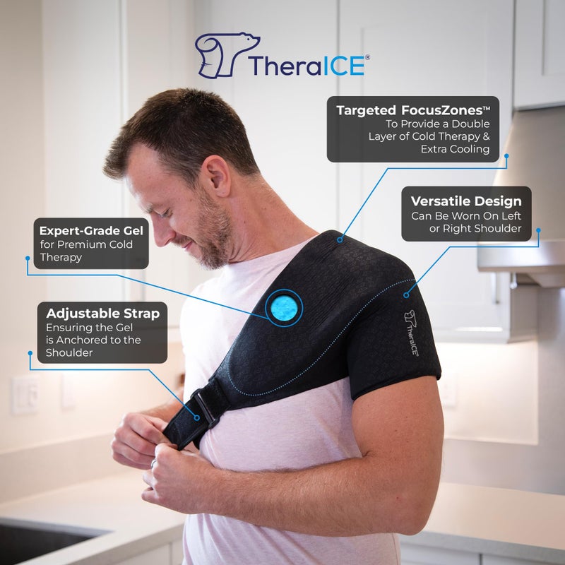 TheraICE غطاء ثيرا آيس برو للثلج للكتف للإصابات، دعائم ضغط قابلة لإعادة الاستخدام لتخفيف آلام الكتف وذراع العلاج، دعم تبريد تكنولوجيا فوكوس زون لحمالة الذراع للكتف - Image 2