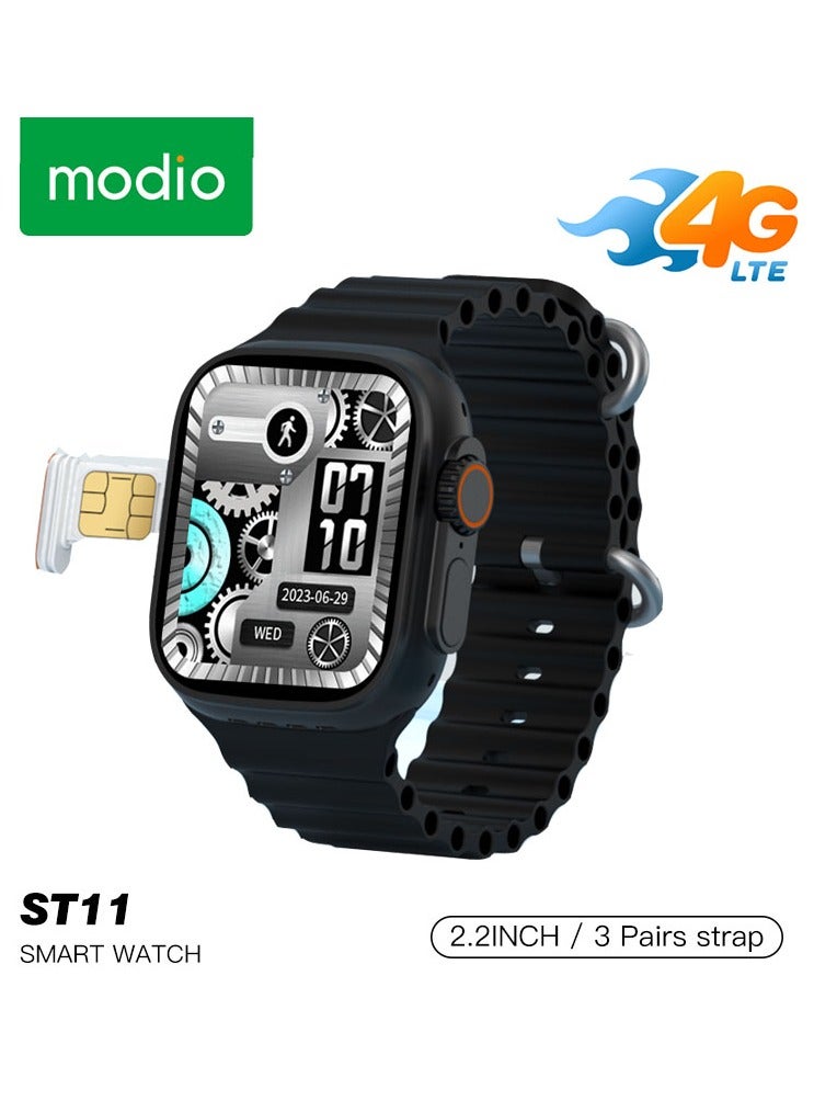 Modio ST11 Smart Watch 2.2 Inch Full Screen Display With 4G SIM card Support 3 Pair Straps and Wireless Charger For Ladies and Gents Black