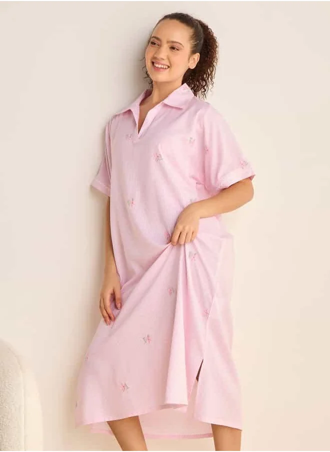 فاف Striped Slit Detail Sleepshirt with Collar and Short Sleeves