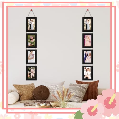 Xosjska 4x6 Black Hanging Collage Picture Frames Set of 2, 8 Openings Collage Photo Frames Rustic Wooden Real Glass Vertical Hanging - Image 5