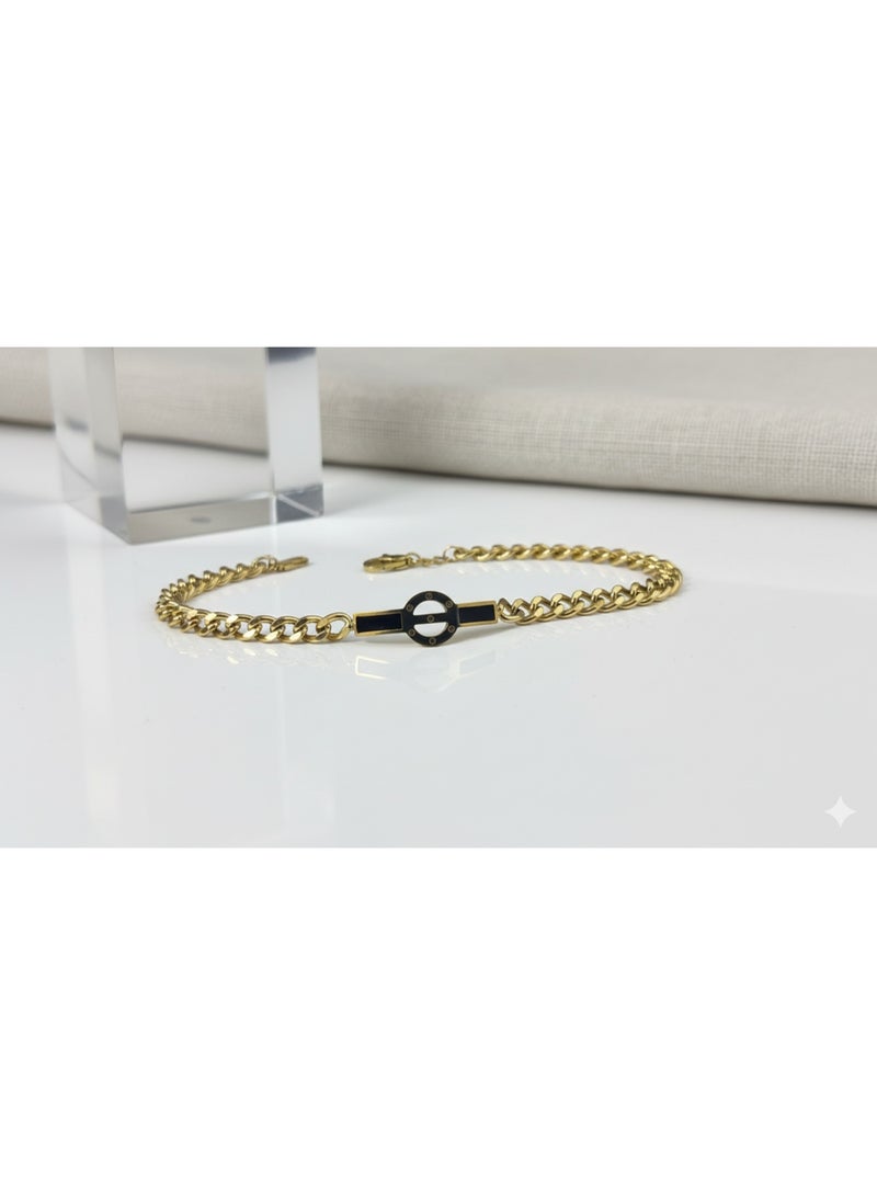 High-Quality Gold Plated Stainless Steel Bangle, Anti-Tarnish, Featuring Black Geometric Design. - Image 2