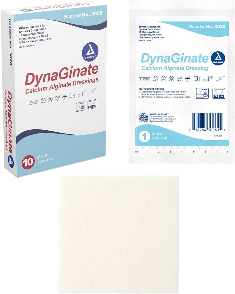 Dynarex Dynarex DynaGinate Calcium Alginate Wound Dressing - Sterile, Non-Stick Topical Wound Pads - Absorbent Gel Patches for Moderate to High Exuding Cuts - for Medical & Home Use - 2"x 2", Box of 10 