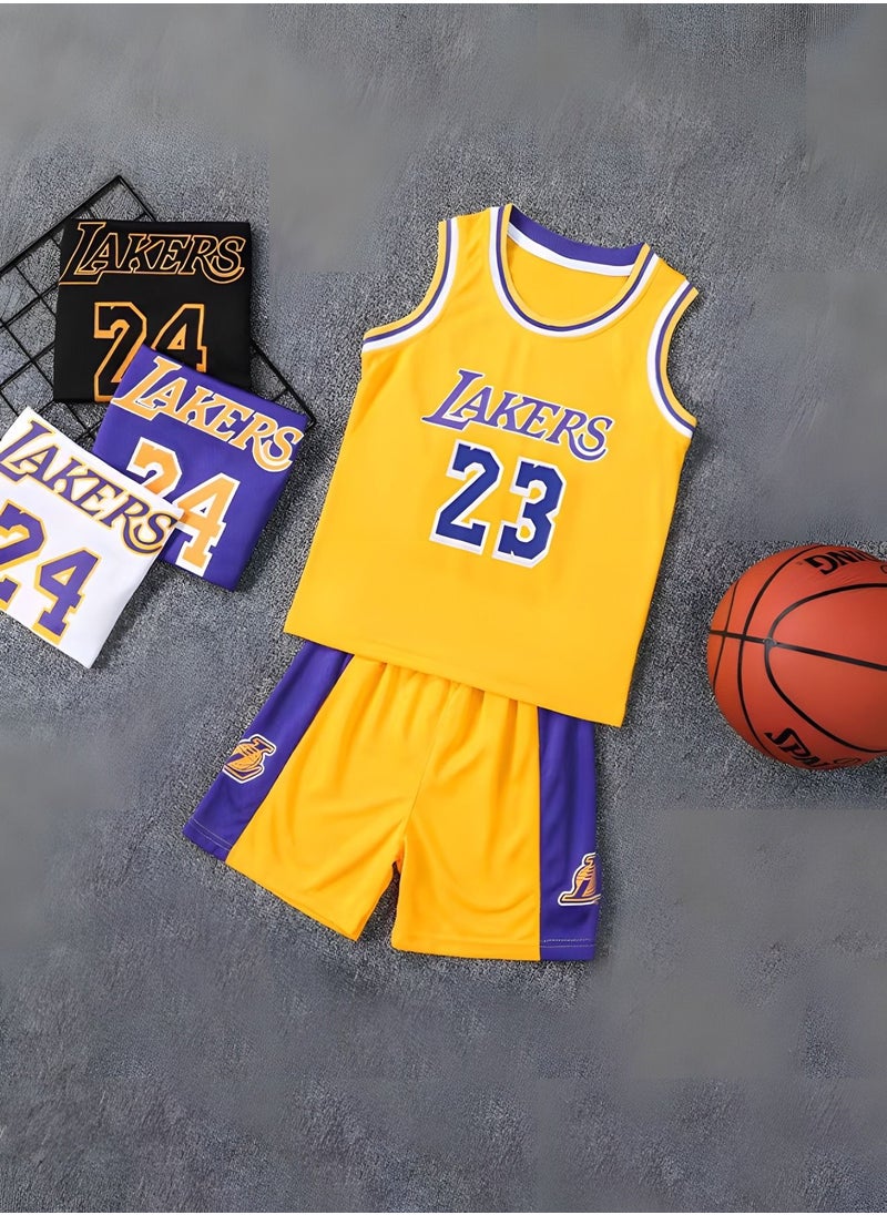 GROIC - جيرسي للأطفال - NBA Lakers #23 كرة السلة جيرسي، ملابس رياضية عالمية بدون أكمام تي شيرت شورت جيرسي مجموعة، بدلات رياضية أعلى + شورت مجموعة ملابس رياضية للأطفال - Image 1