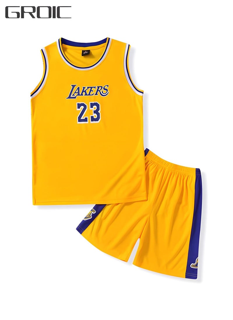 GROIC - جيرسي للأطفال - NBA Lakers #23 كرة السلة جيرسي، ملابس رياضية عالمية بدون أكمام تي شيرت شورت جيرسي مجموعة، بدلات رياضية أعلى + شورت مجموعة ملابس رياضية للأطفال - Image 1