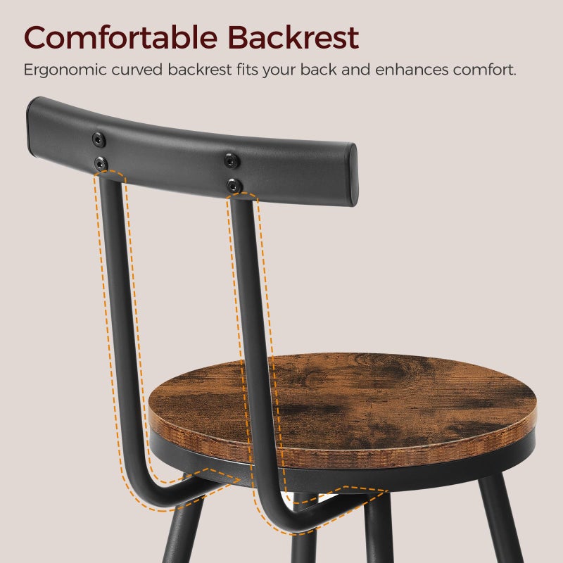 MAHANCRIS Bar Stools, Set of 2 Bar Chairs with Backrest and Footrest, 26" Tall Counter Stools, Metal Frame, Adjustable Feet, Easy Assembly, for Kitchen, Living Room, Pub, Rustic Brown BAHR6001 - Image 5