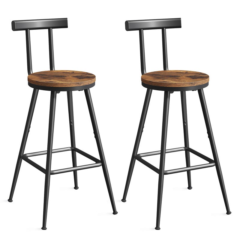 MAHANCRIS Bar Stools, Set of 2 Bar Chairs with Backrest and Footrest, 26" Tall Counter Stools, Metal Frame, Adjustable Feet, Easy Assembly, for Kitchen, Living Room, Pub, Rustic Brown BAHR6001 - Image 1