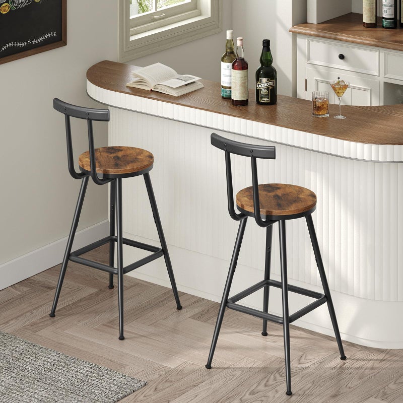 MAHANCRIS Bar Stools, Set of 2 Bar Chairs with Backrest and Footrest, 26" Tall Counter Stools, Metal Frame, Adjustable Feet, Easy Assembly, for Kitchen, Living Room, Pub, Rustic Brown BAHR6001 - Image 3
