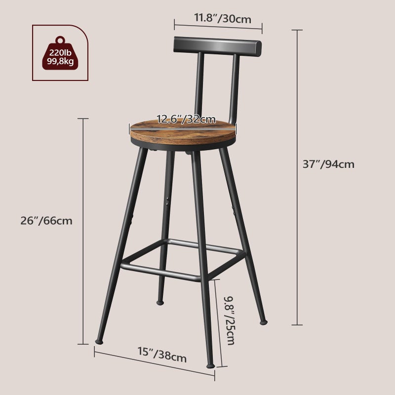 MAHANCRIS Bar Stools, Set of 2 Bar Chairs with Backrest and Footrest, 26" Tall Counter Stools, Metal Frame, Adjustable Feet, Easy Assembly, for Kitchen, Living Room, Pub, Rustic Brown BAHR6001 - Image 4
