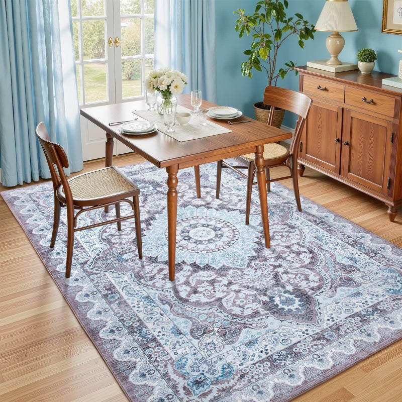 Macgace 5x7 Area Rug for Bedroom, Machine Washable Rugs with Non-Slip Backing for Living Room, Soft Vintage Carpet Kitchen Laundry Kids Room Decor, Blue & Brown - Image 3