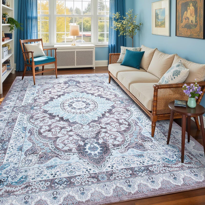 Macgace 5x7 Area Rug for Bedroom, Machine Washable Rugs with Non-Slip Backing for Living Room, Soft Vintage Carpet Kitchen Laundry Kids Room Decor, Blue & Brown - Image 2