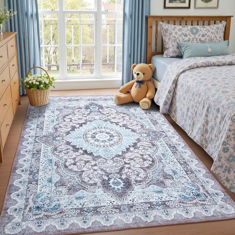Macgace 5x7 Area Rug for Bedroom, Machine Washable Rugs with Non-Slip Backing for Living Room, Soft Vintage Carpet Kitchen Laundry Kids Room Decor, Blue & Brown - Image 1