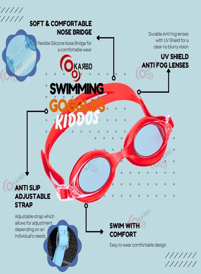 KARBD Swimming Goggles Kids Size with Anti Fog UV Protection Glasses - Kiddos, Red Solid - Image 2
