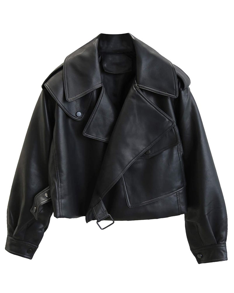 LY VAREY LIN Women Black Faux Leather Jackets Casual Short Oversized Coat Asymmetrical Motor Biker Jacket Black L