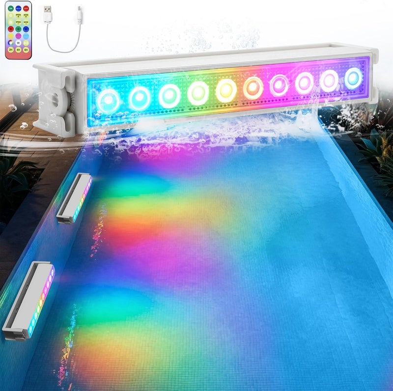 Rechargeable RGB Pool Wall Light, 10 LED, IP68, Remote, Drill-Free Mount - Image 1