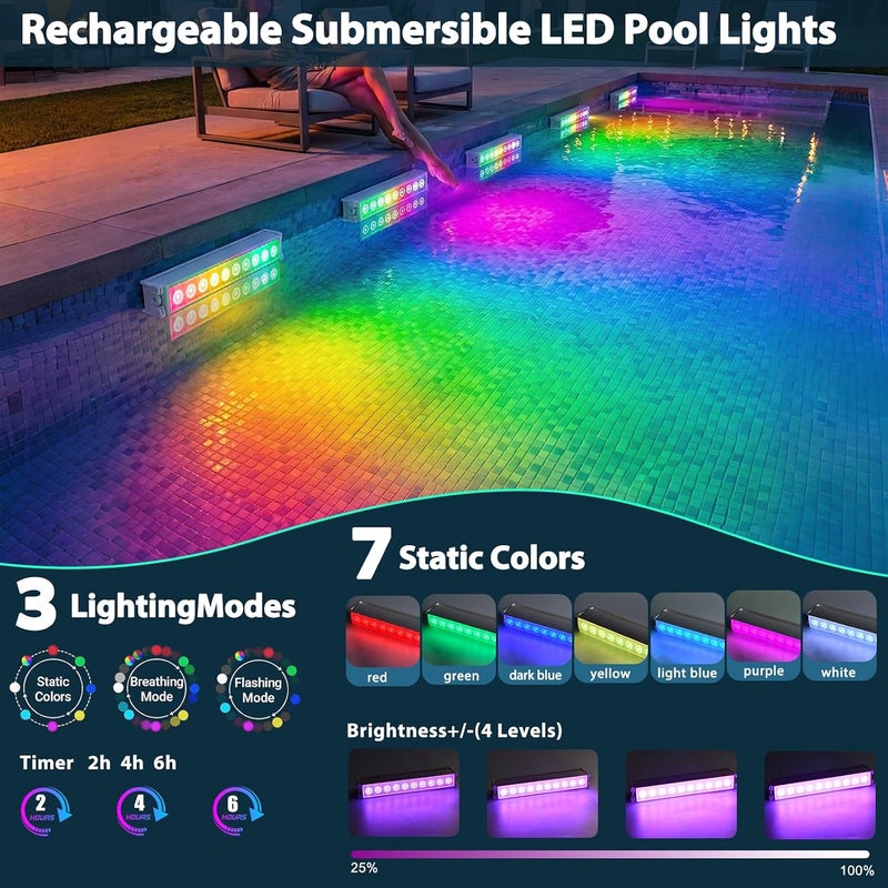 Rechargeable RGB Pool Wall Light, 10 LED, IP68, Remote, Drill-Free Mount - Image 3