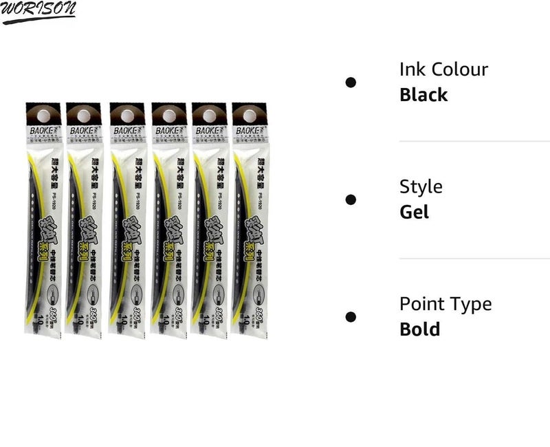 Worison Baoke 1mm Pen Refill Extra Smooth Refill Replacements 6pcs (Black) - Image 3