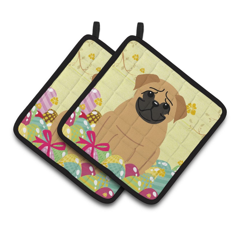 Caroline's Treasures ""Caroline's Treasures BB6007PTHD Easter Eggs Pug Brown Pair of Pot Holders  7.5"""" x 7.5""""  Multicolor"" 