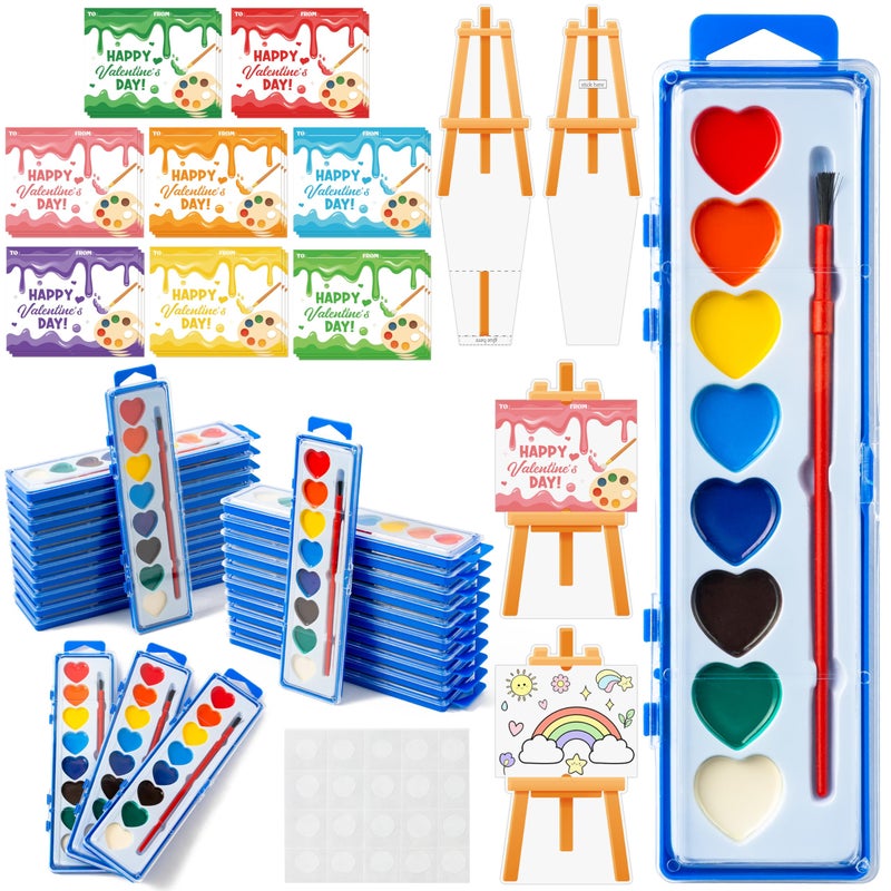 CPicdn 24Pack Valentineâ€™s Day Gift Cards with Watercolor Paint Set, 8 Color Watercolor Paint Painting Cards Easel-Shaped Stand for Kids Valentines Gift Exchange School Classroom Prizes Art Party Favor - Image 1