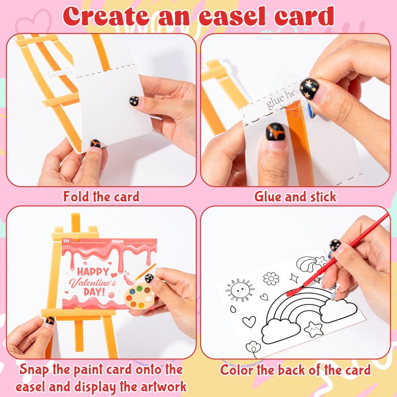 CPicdn 24Pack Valentineâ€™s Day Gift Cards with Watercolor Paint Set, 8 Color Watercolor Paint Painting Cards Easel-Shaped Stand for Kids Valentines Gift Exchange School Classroom Prizes Art Party Favor - Image 2