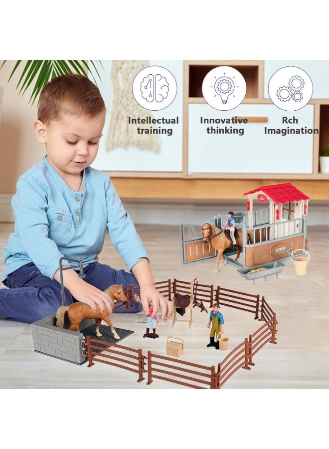 Halamodo Horse Stable Ranch Scene Toy Set , Pony Clubhouse Toy With Grooming Station & Fences, Farm Animal Model, Fences & Wild Stallion Figures, Wild Horse Stallion Toys Barn Display, Ideal Gift For Boys And Girls, 45*40*16.5 cm - Image 5
