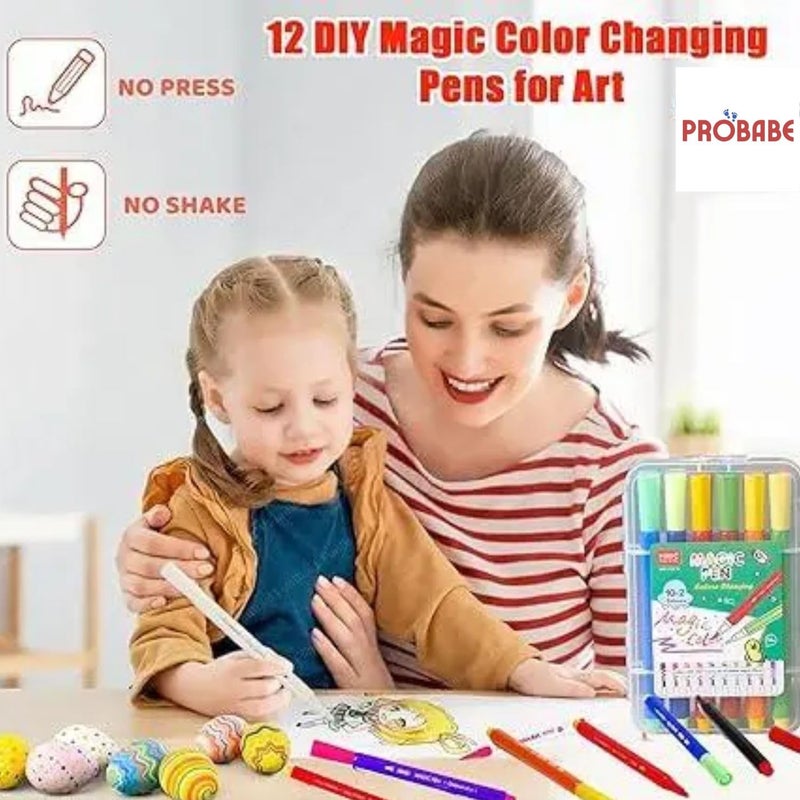 PROBABE Magic Color Changing Sketch Pens for Kids – 12 (10+2) Pcs Dual-Tip Marker Pens with White Magic Pen, Washable Ink, Fun Art Set for Drawing, Multicolor with Carry Case - Image 3