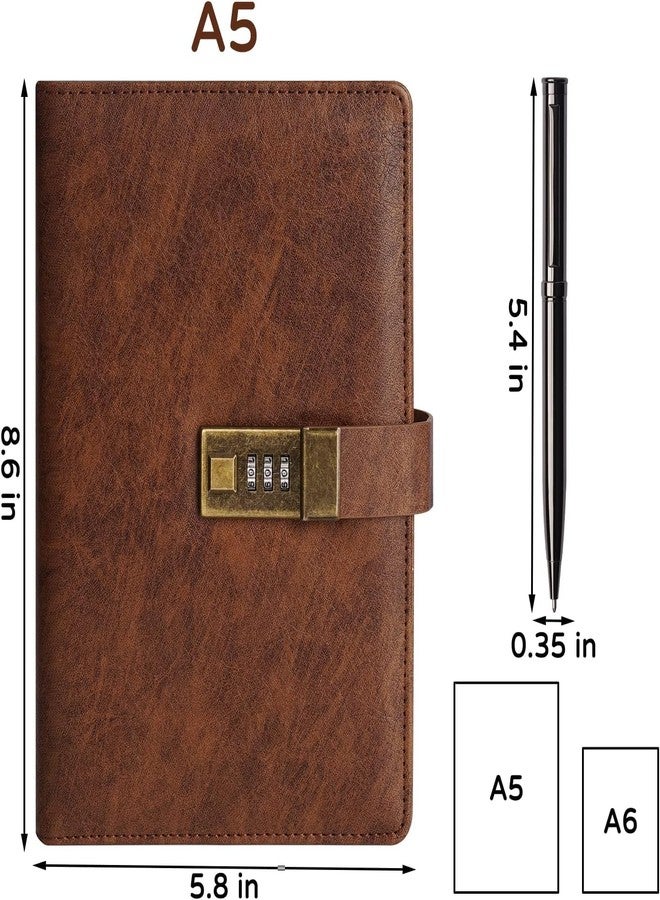 PiyuBind Diary with Lock, A5 PU Leather Journal with lock, 240 Pages, Vintage Lock Journal with Pen & Gift Box, Lockable Diary for Women and Men, 8.6 x 5.8 Inches (Brown) - Image 2