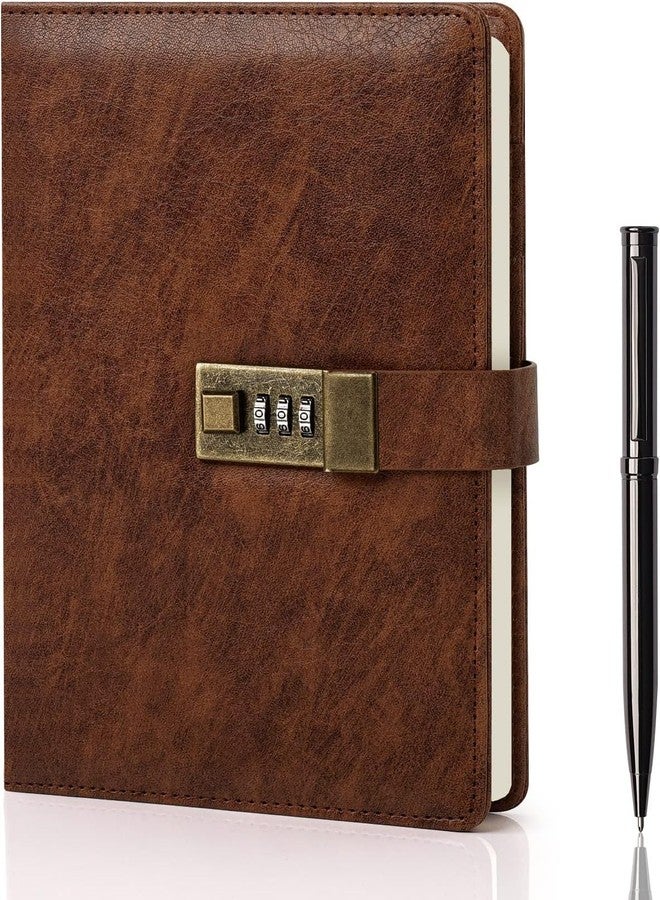 PiyuBind Diary with Lock, A5 PU Leather Journal with lock, 240 Pages, Vintage Lock Journal with Pen & Gift Box, Lockable Diary for Women and Men, 8.6 x 5.8 Inches (Brown) - Image 1