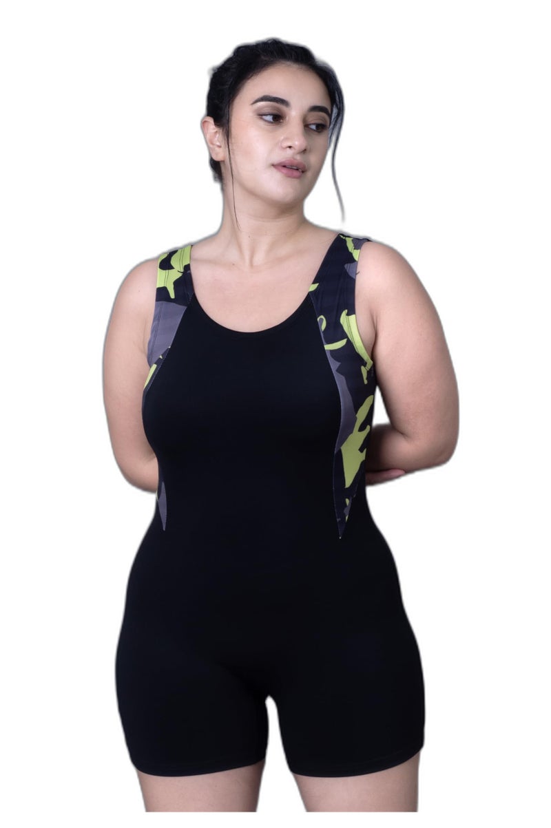 Keepfit Military Print Colour Blocked Splice Legsuit with Full Coverage for Women & Girls Black |Swimming Suit for Women - Image 1