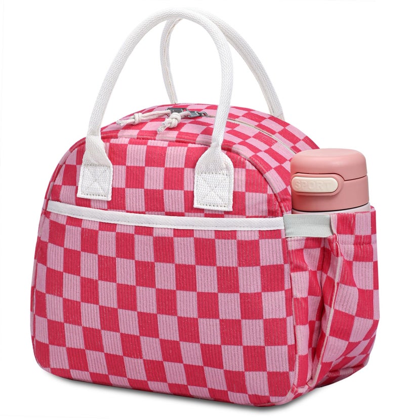 Carry bloom Lunch Box for Women Insulated Lunch Bag Cute Corduroy Lunchbag Reusable Lunchbox for Work checkered rose pink