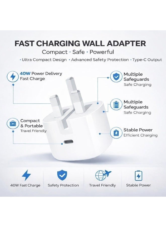 40W USB-C Fast Charger – 60W Max Dynamic Power Adapter, PD Fast Charging Type-C Wall Charger for iPhone 17/16/15 Pro Max, iPad, Samsung S24/S23, Xiaomi & All USB-C Devices – 3-Pin UK Plug White - Image 3
