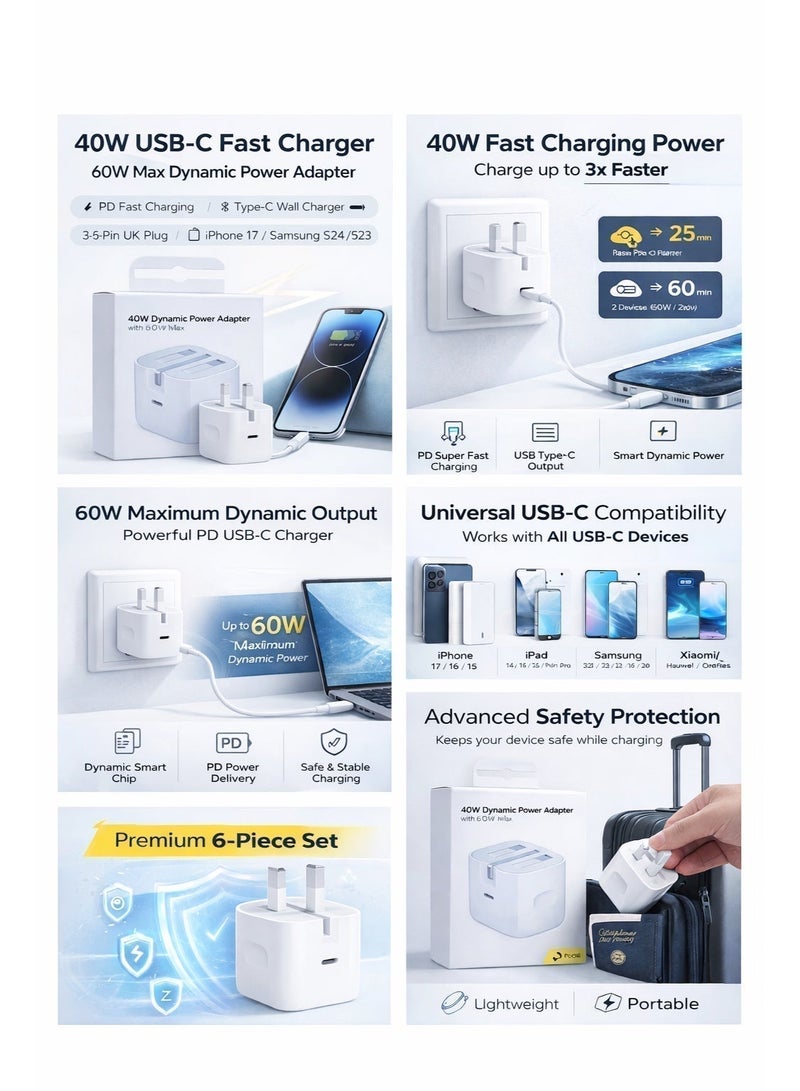 40W USB-C Fast Charger – 60W Max Dynamic Power Adapter, PD Fast Charging Type-C Wall Charger for iPhone 17/16/15 Pro Max, iPad, Samsung S24/S23, Xiaomi & All USB-C Devices – 3-Pin UK Plug White - Image 5