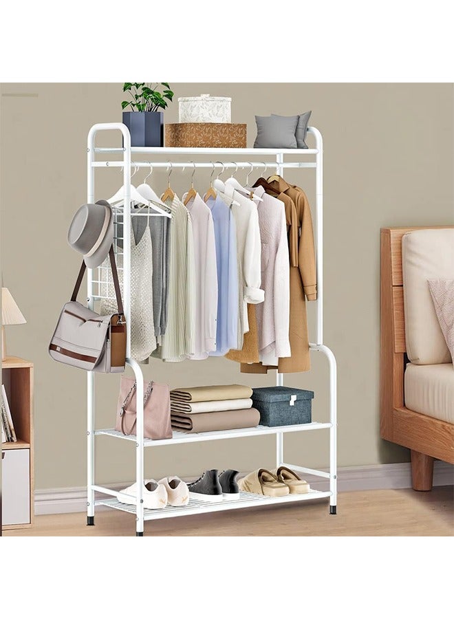 Solerconm Coat Rack Stand with Shoe Rack White Clothes Rail Shoe Rack Free Standing Coat Stand with 2-Tier Shoe Storage Bench Metal Coat Stands for Hallway Bedroom Entryway, 75 * 40 * 168cm (White) - Image 1